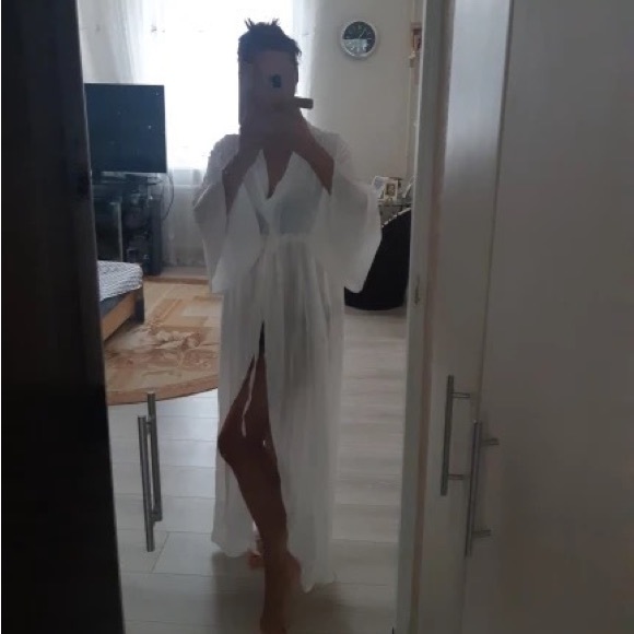 New Summer Bohemian White Gauzy Beach Long Maxi Dress Kimono - Picture 5 of 15